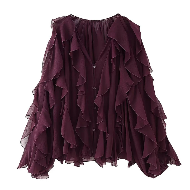 YENKYE 2025 Women Sexy Semi-sheer Ruffle Shirt Long Sleeve V Neck Front Button Spring Blouse Burgundy Blusas Mujer 250606