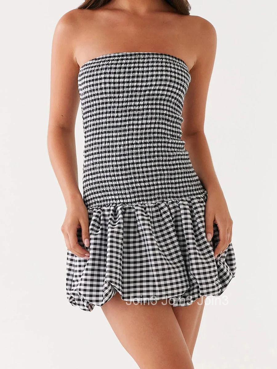 Womens Plaid Off Shoulder Mini Dress with Pufll Sleeves and Tube Top Design for a Stylish Look