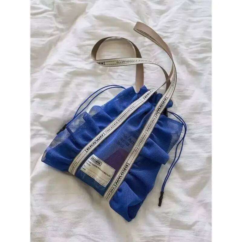 Japanese Niche Transparent Mesh Ruffle Edge Shoulder Strap Embroidered Letters Fashionable Drawstring Women's Bag