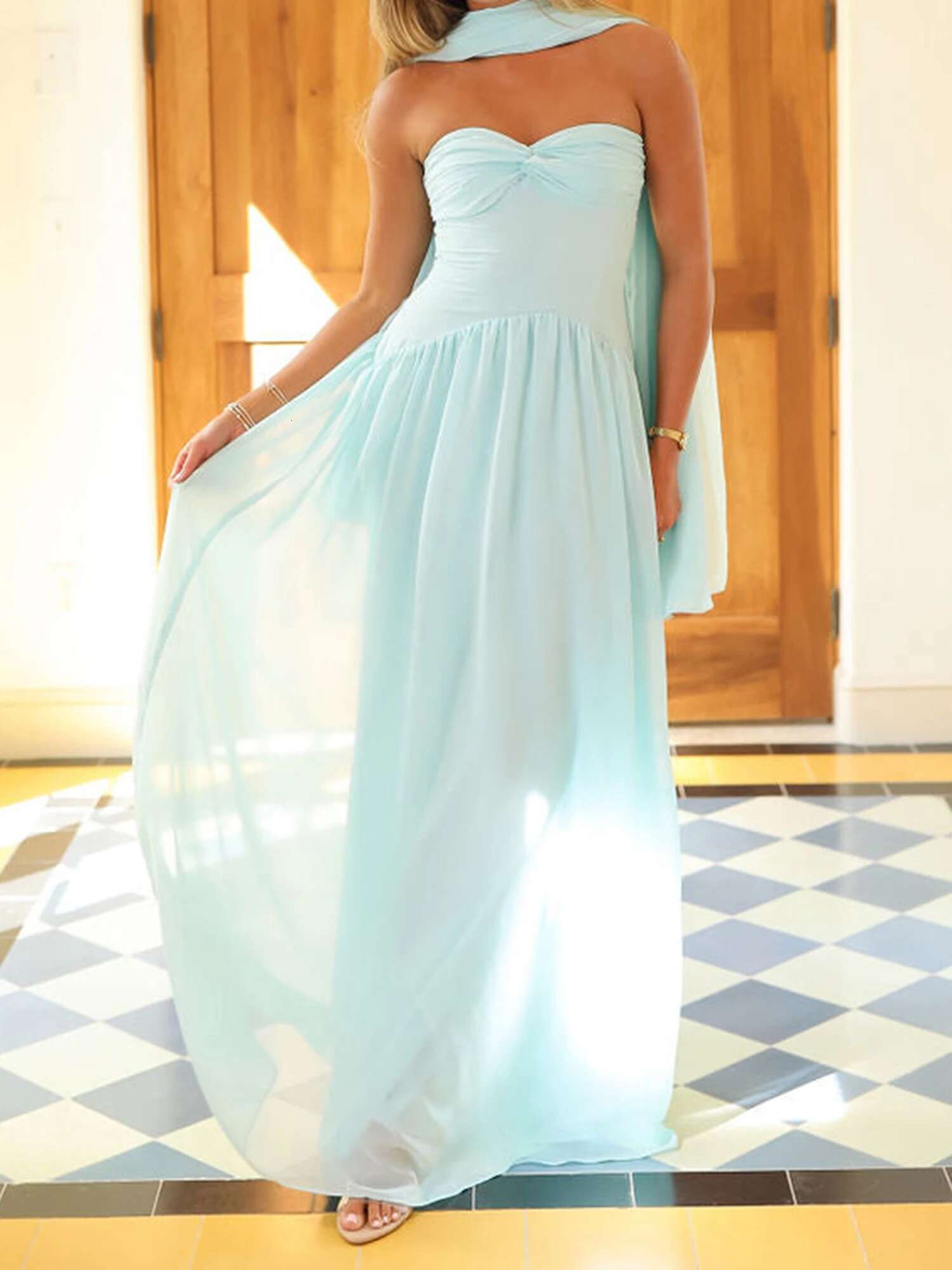 Elegant Maxi Dress with Off-shoulder Design and Matching Belt for Womens Summer Fashion Statement