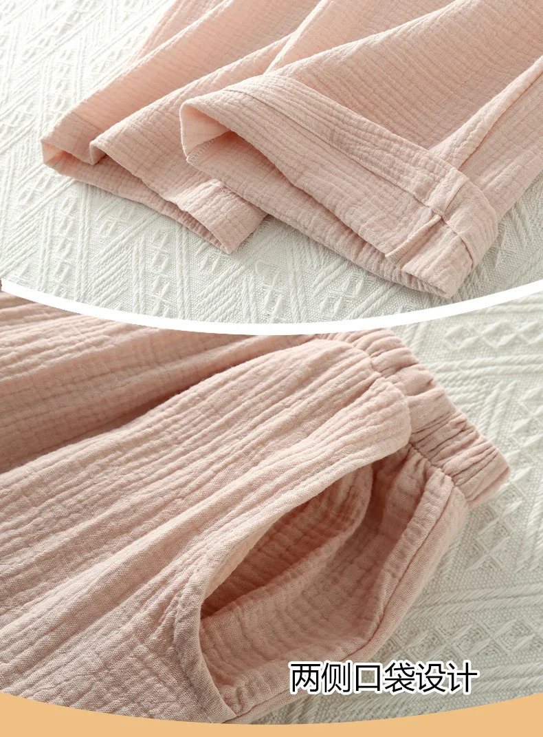 Muslin 100% Cotton Gauze 2 Piece Sets Womens Outfits Button Up Short Sleeve Tees Long Trouser Sets Comfortable Tracksuit 250605