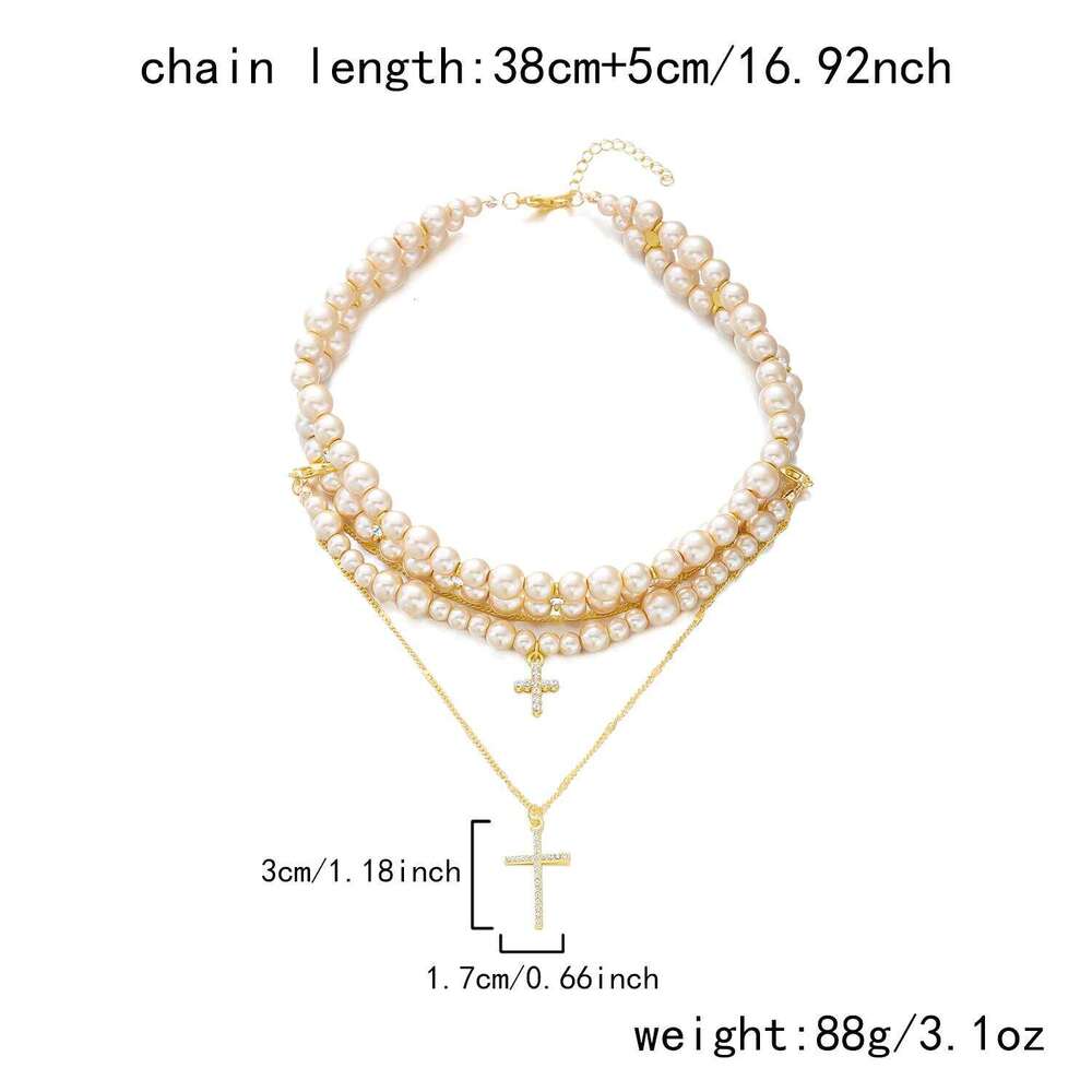 Multi-layer Imitation Pearl Beads for Women Wedding Cross Pendant Necklace Jewelry Accessories