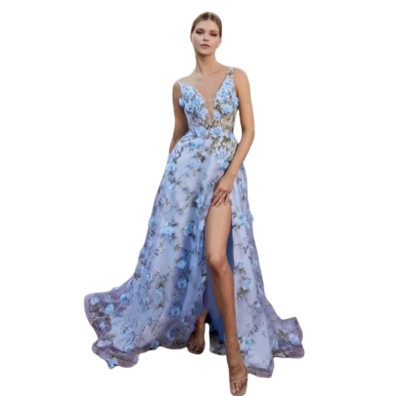 Vintage Bohemian Floral Lace Prom Dresses Side Slit Light Sky Blue V-Neck A-Line Backless Long Pageant Party Gown Birthday Evening Dress