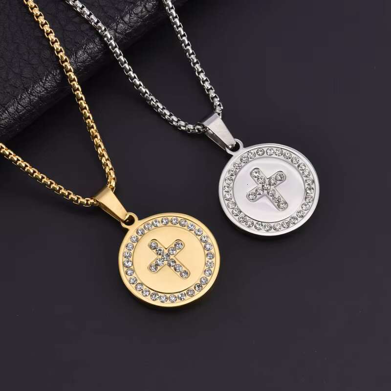 Fashion Stainless Steel Cross Pendant Necklace 18k Gold Plated Non Tarnish Crystal Round Cross Necklace for Men