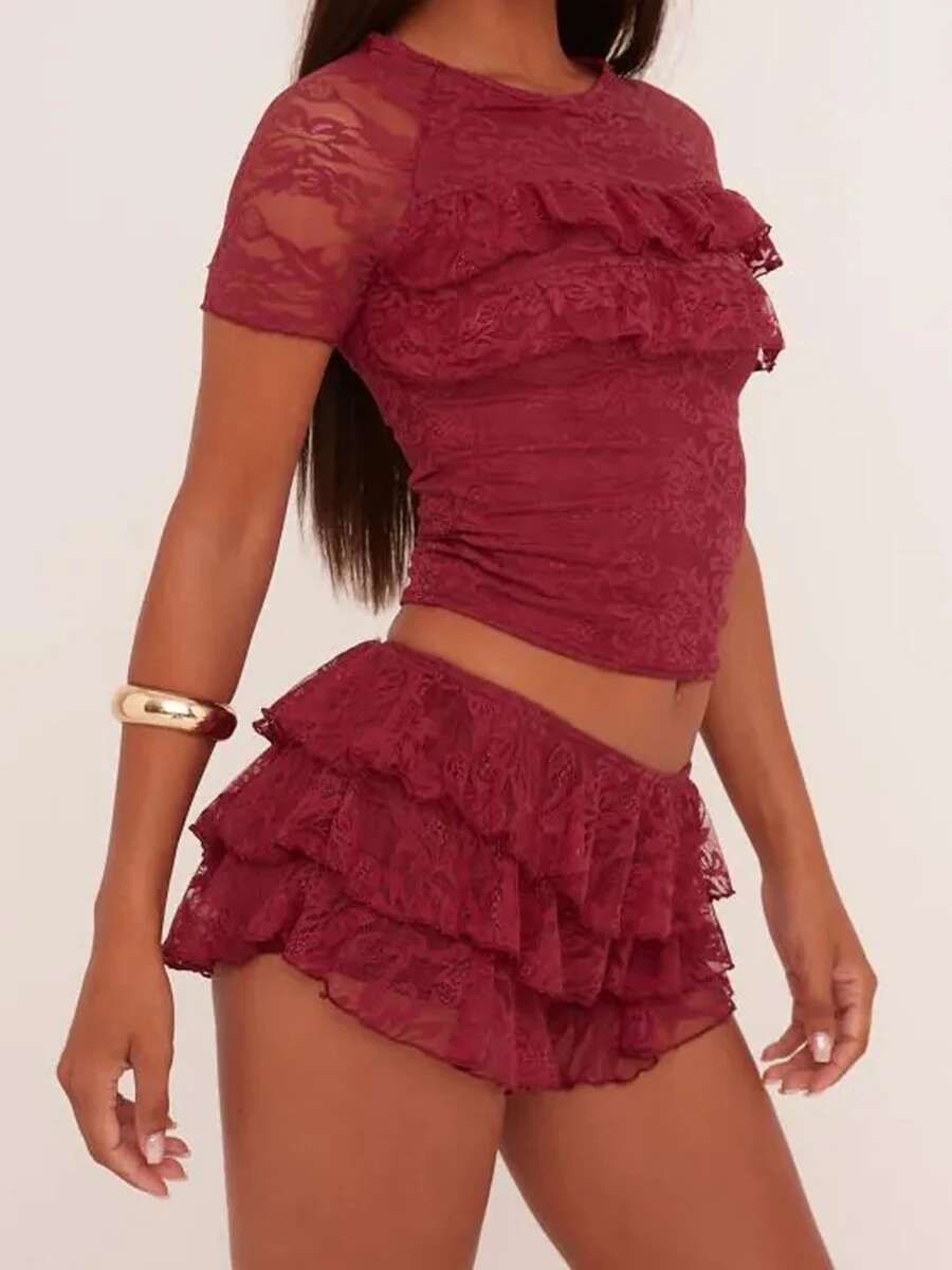 Womens Summer Fashion Off-shoulder Floral Lace Crop Top with Short Sleeves and High-waisted Ruffled Shorts for Clubwear and