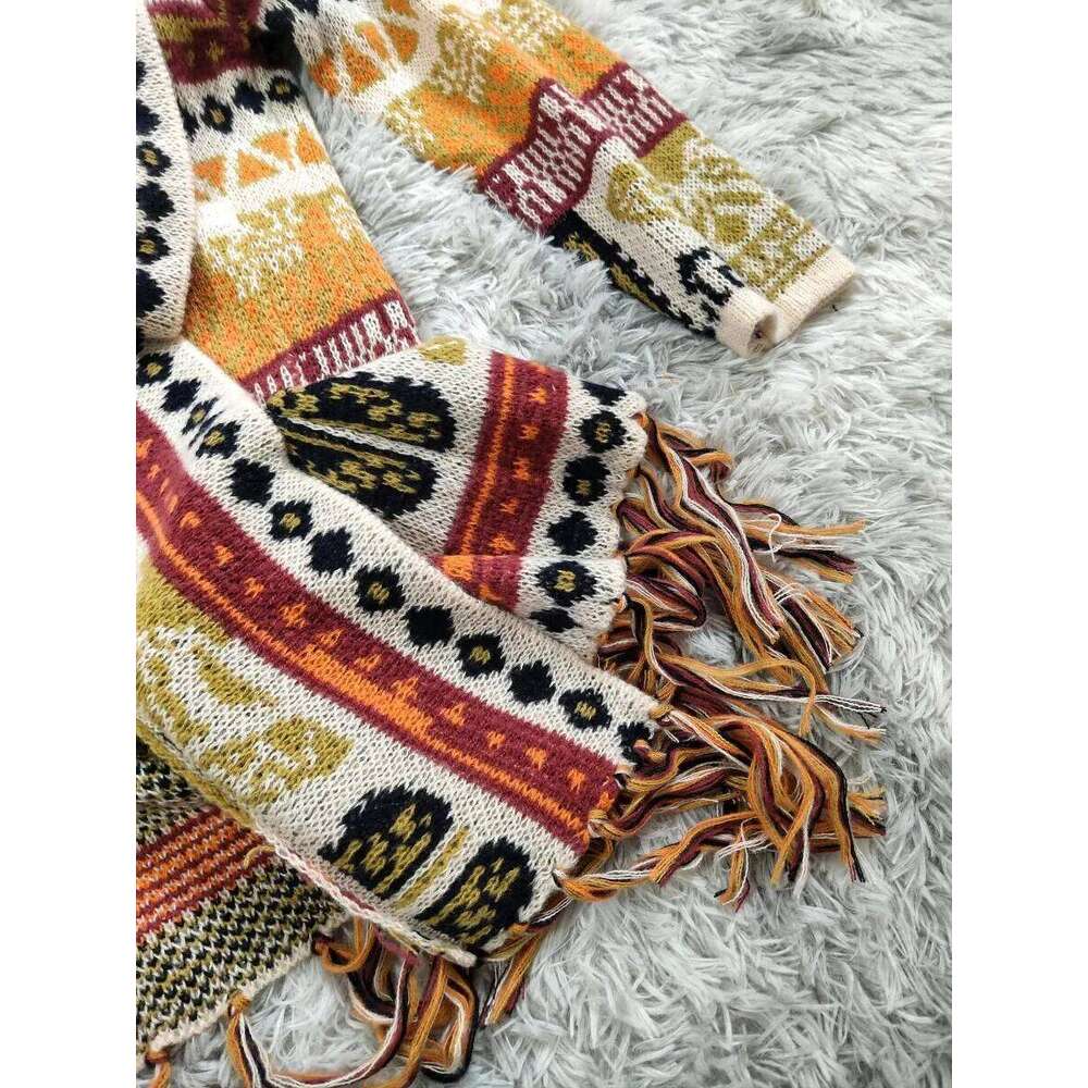Autumn And Winter Retro Jacquard Ethnic Style Women's Loose Long Sleeves Tassel Hem Midi Wool Cardigan Sweater Jacket