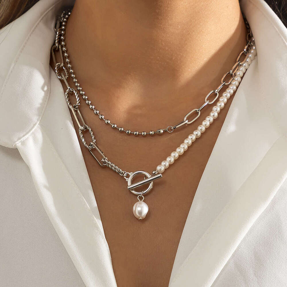2025 hot designer Jewelry Fashion Long Round Bead Chain Layered Personality Pearl OT Buckle Necklace with gift box
