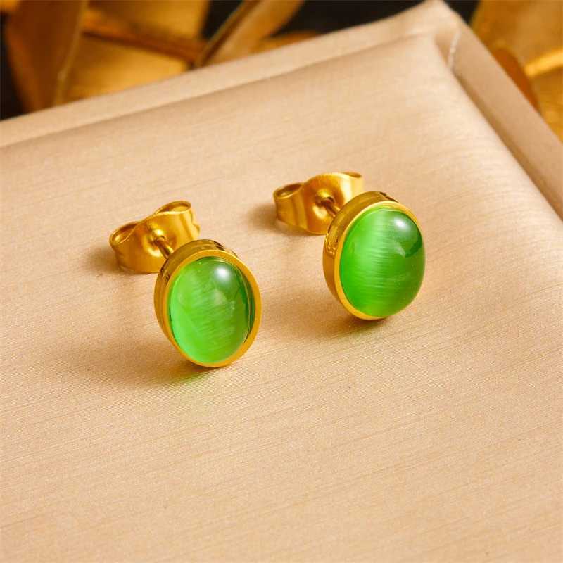 DIEYURO 316L Stainless Steel Green Oval Rhinestone Necklace Earring Set Trend Non-fading Elliptical Geometry Jewelry Set Z250607