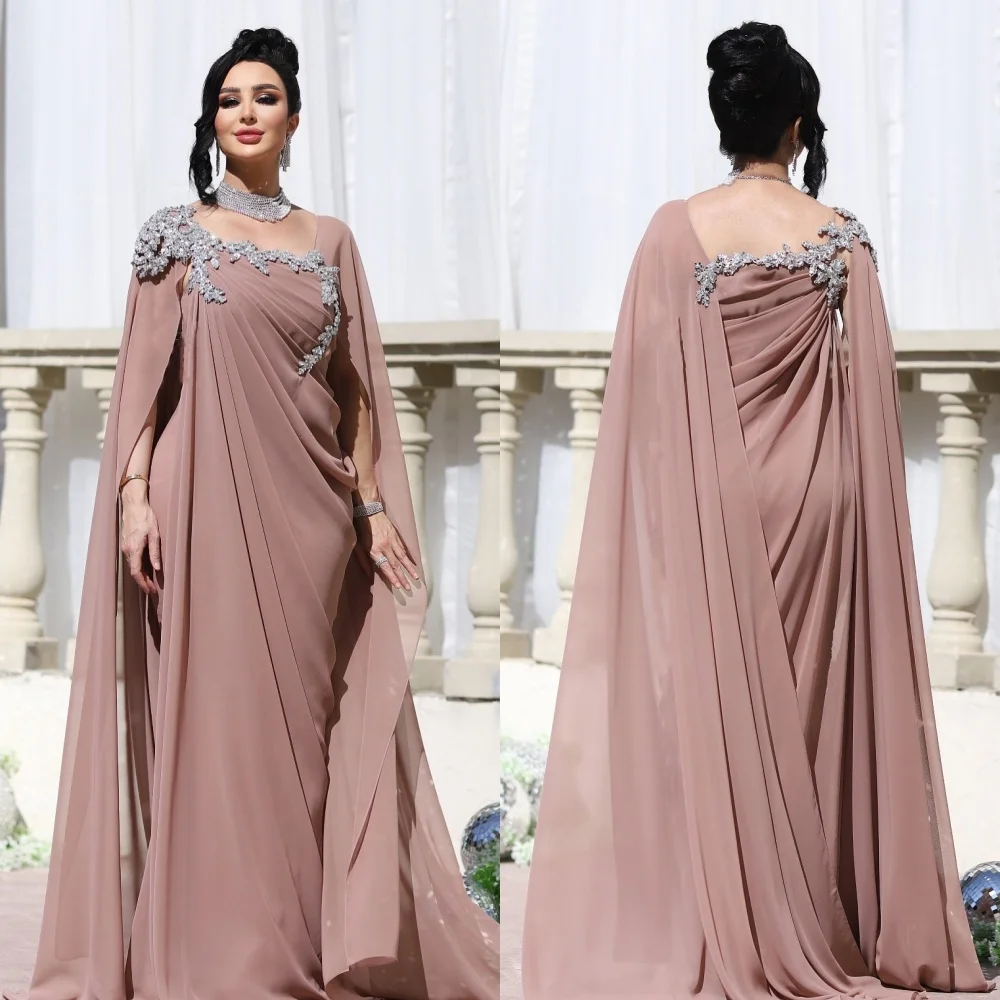 Elegant Arabic Chiffon Long Evening Dresses Pleats Cape Wrap Dusty Formal Occasion Party Gowns Appliques Beaded Chic Prom Dress