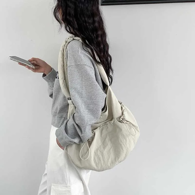 Pleated Crossbody Bags Solid Color Nylon Shoulder Bags for Women Large Capacity Handbag Student Class Bag Tote Bag 250606