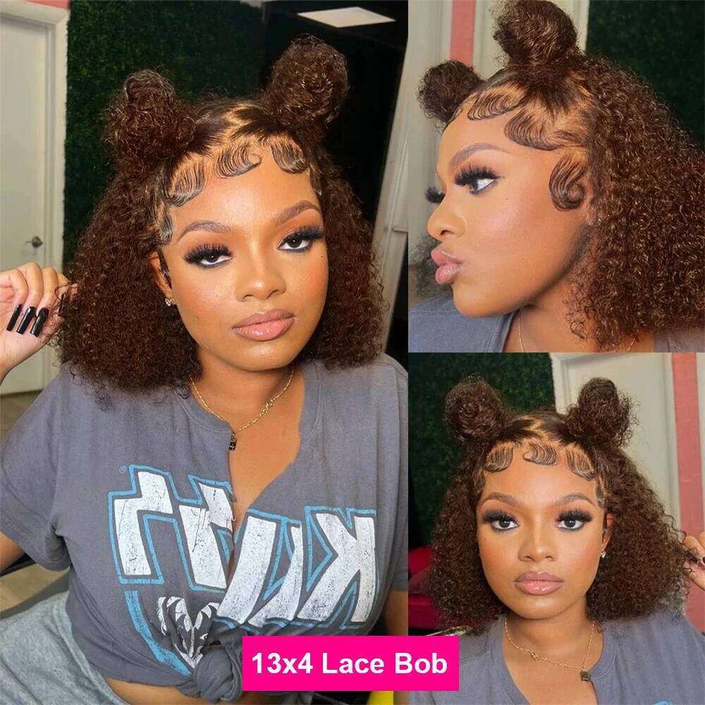NAMM Brown kinky Curly 13x4 Bob Wigs Brazilian Water Deep Wave Human Hair Wig Preplucked For Woman Short Pixie #4 Color