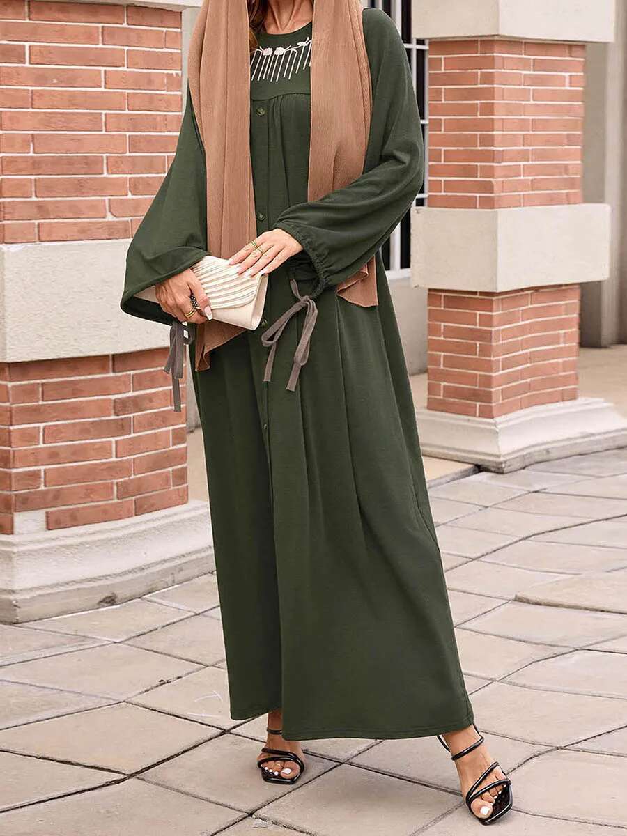 Middle Eastern Style Floral Embroidered Maxi Dress with Tassel Detail and Loose Fit Crew Neck - Long Sleeve Abaya Gown