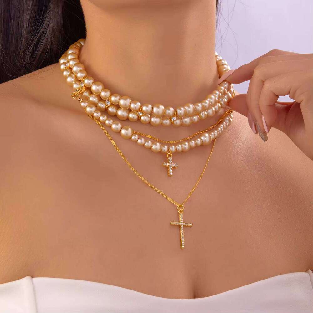 Multi-layer Imitation Pearl Beads for Women Wedding Cross Pendant Necklace Jewelry Accessories