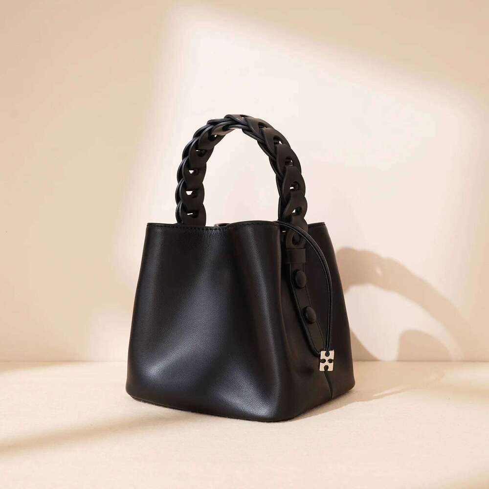 Genuine Leather Mini Tote Bags Women Fashion Solid Color Textured Bucket Bag Female Daily Out Crossbody Pack
