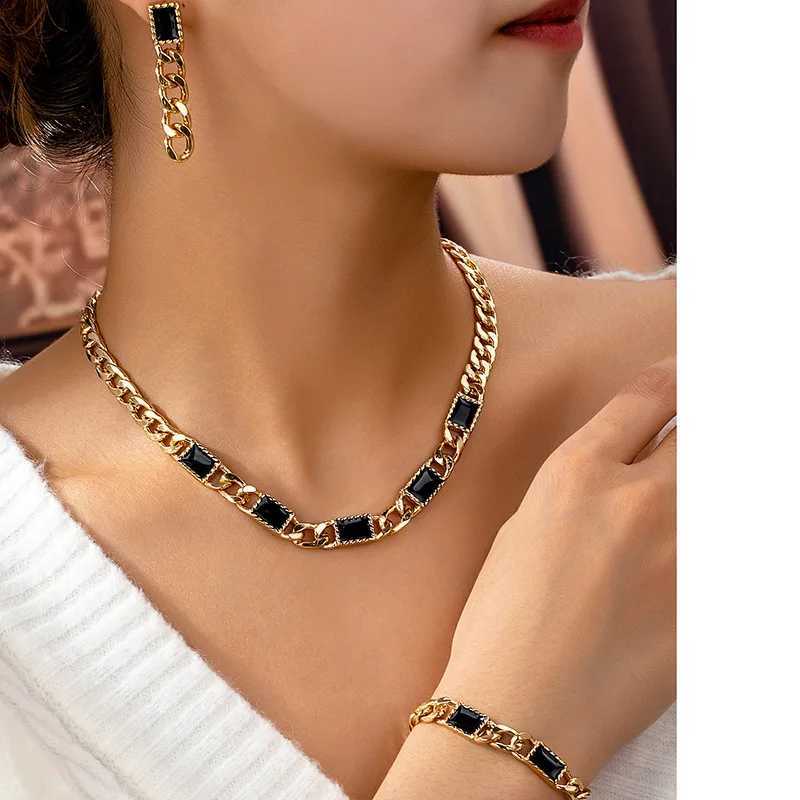 Waterproof Gold Plated StainlESS Steel Fashion Jewelry Sets for Women Black Glass Stone Necklace Earring AccESSories Z250607