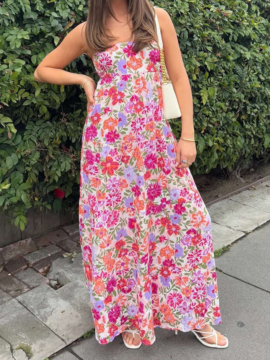 Elegant Off-shoulder Maxi Dress with Boho Floral Print and Lace-up Back Detail for Summer Wedding Party or Vacation Beachwear