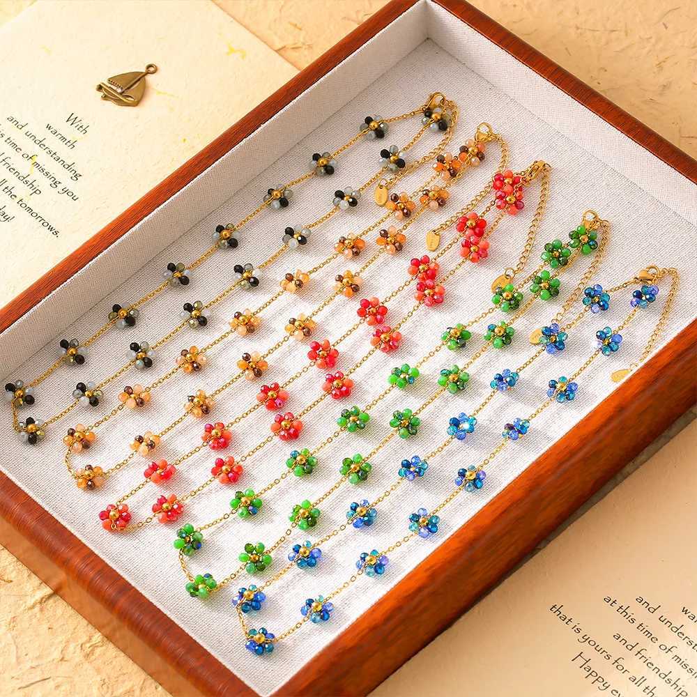 Colorful Glass Stone Beaded Flower Pendant Necklace Anklet Set Womens Stainless Steel Gold plated Chain Summer Jewelry Z250607