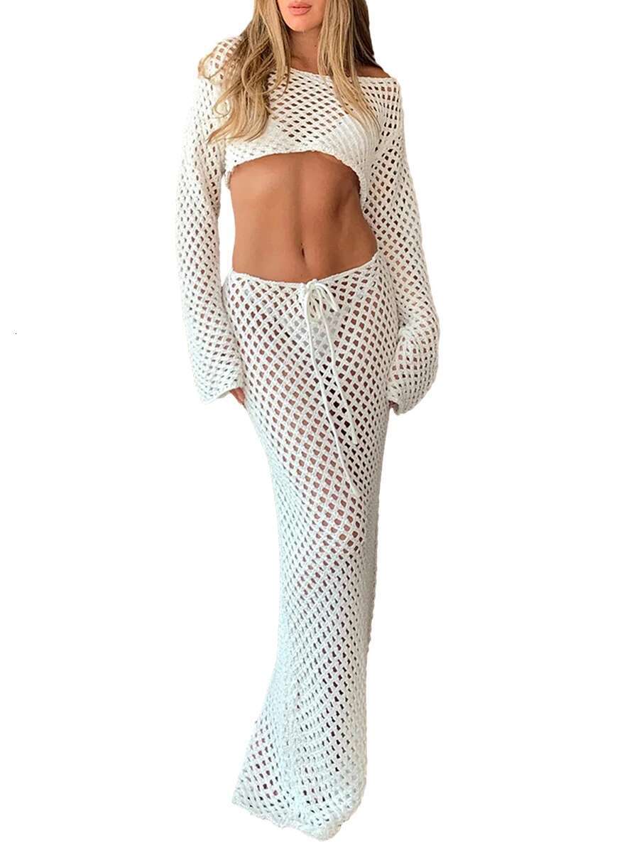 Womens Boho Style Crochet Bikini Cover Up Set Off Shoulder Knit Crop Top with Matching Long Skirt for Beachwear and Pool