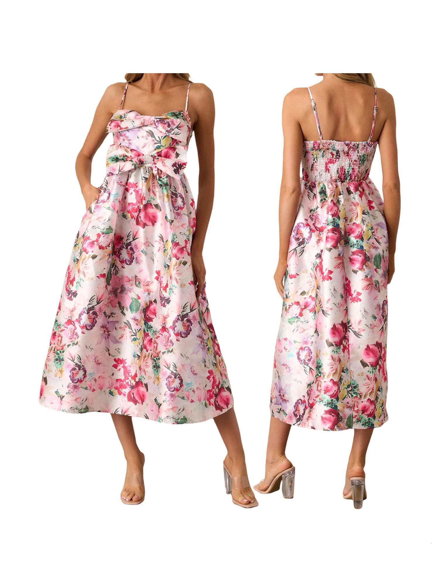 Womens Floral Print Sleeveless Spaghetti Strap Maxi Dress with Bow Front Detail and Loose Fit for Vacation or Special Occasions