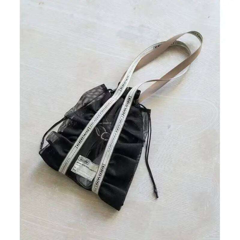 Japanese Niche Transparent Mesh Ruffle Edge Shoulder Strap Embroidered Letters Fashionable Drawstring Women's Bag