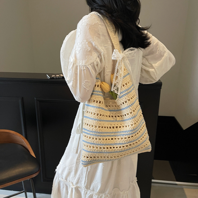 designer Korean and Japanese Style Striped Cotton Hollow Bag 2025 Summer Beach Vacation Woven Bag Simple Lazy Style Handbag Shoulder Bag