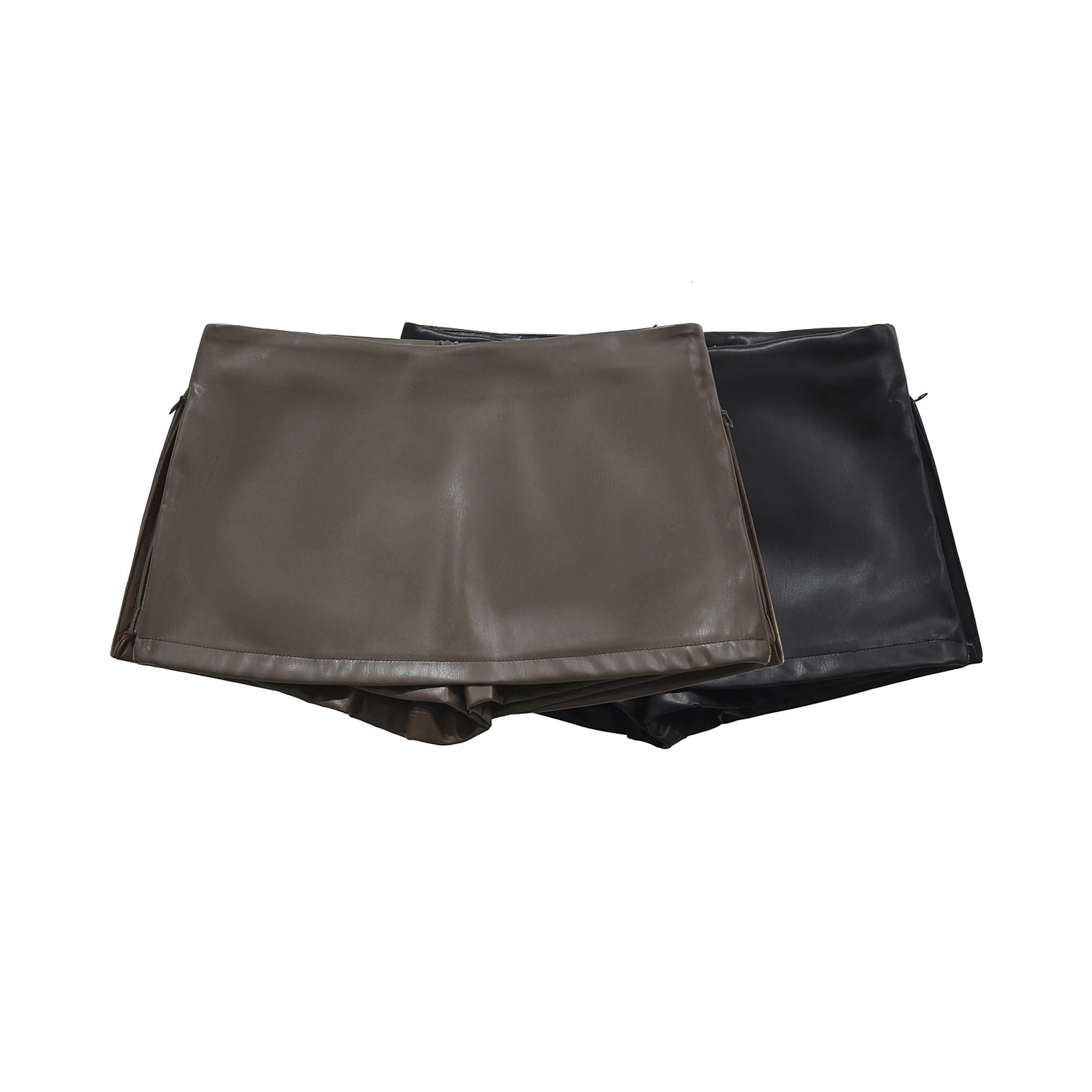 Black Mini Skirts Elegant Korean Fashion Faux Leather Skirts For Woman Low Rise Skirts Split Leather Skirt With Shorts Brown 250606