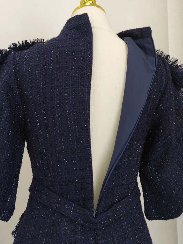 IEQJ Bownot Tassel Spliced Puff Sleeve Tweed Dresses For Women Vintage Elegant High Waist Slim Dress Clothing 3WQ7259 250603