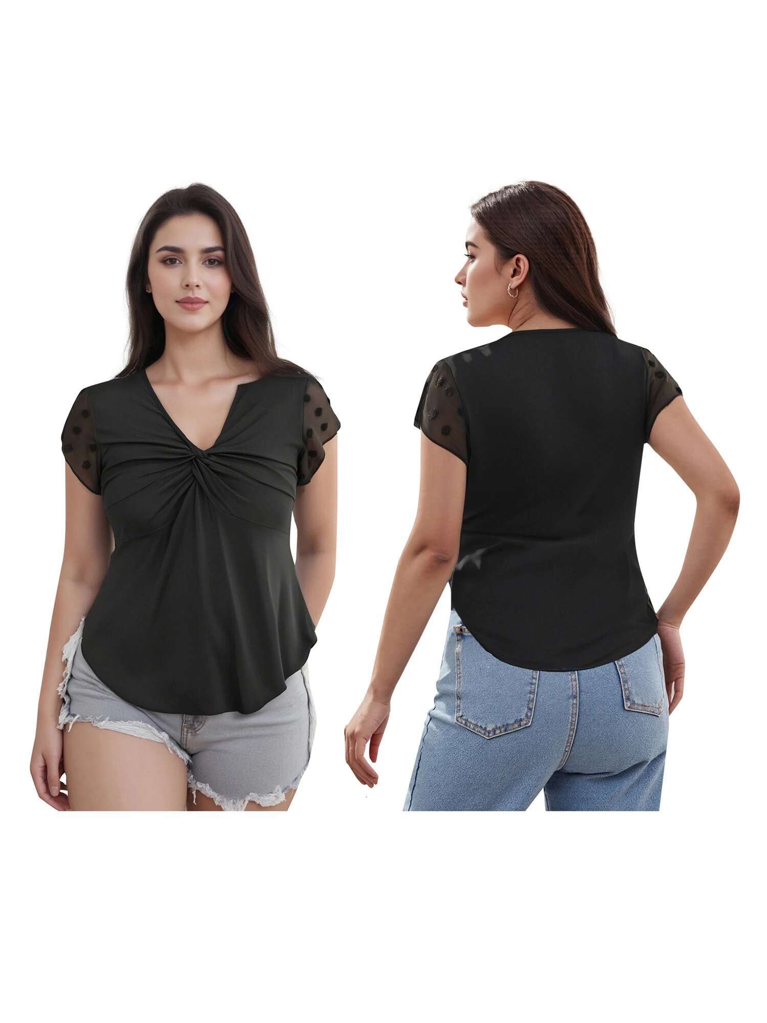 Womens Plus Size Summer Tops Twist Front v Neck Curved Hem Patchwork Mesh Short Sleeve Blouses with Floral Print