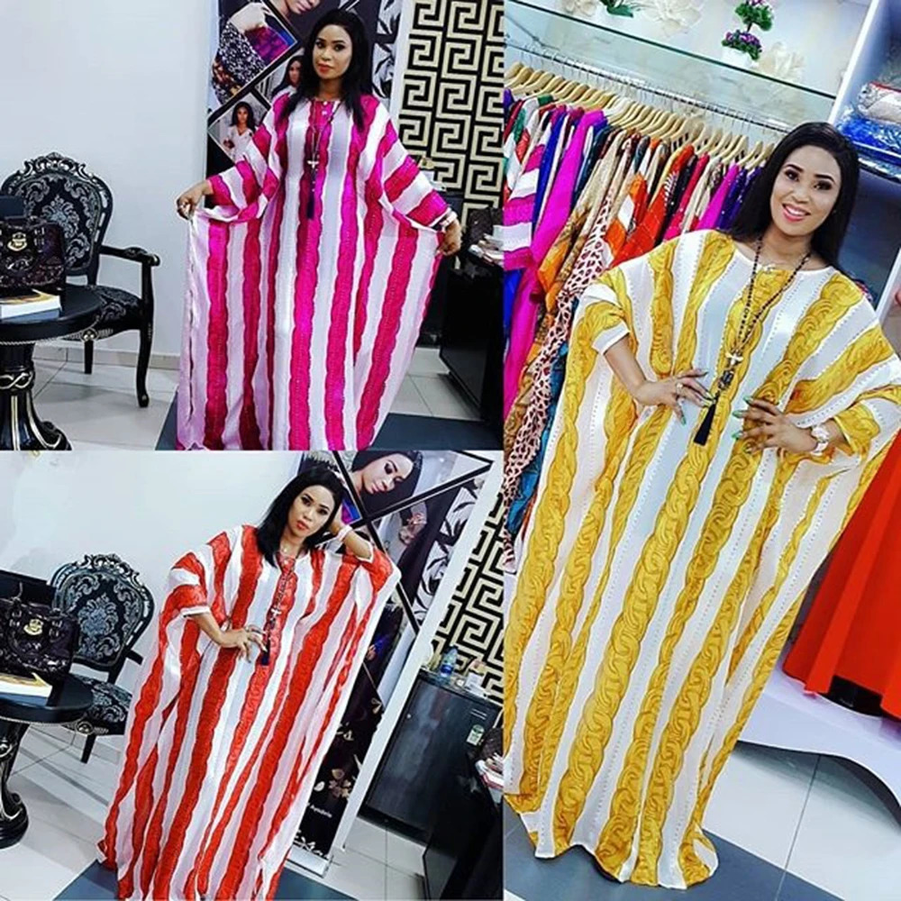 Arrivals Spring Striped Loose Fashion African Dresses for Women Bazin Riche Sexy Batwing Sleeve Femme Robe 250603