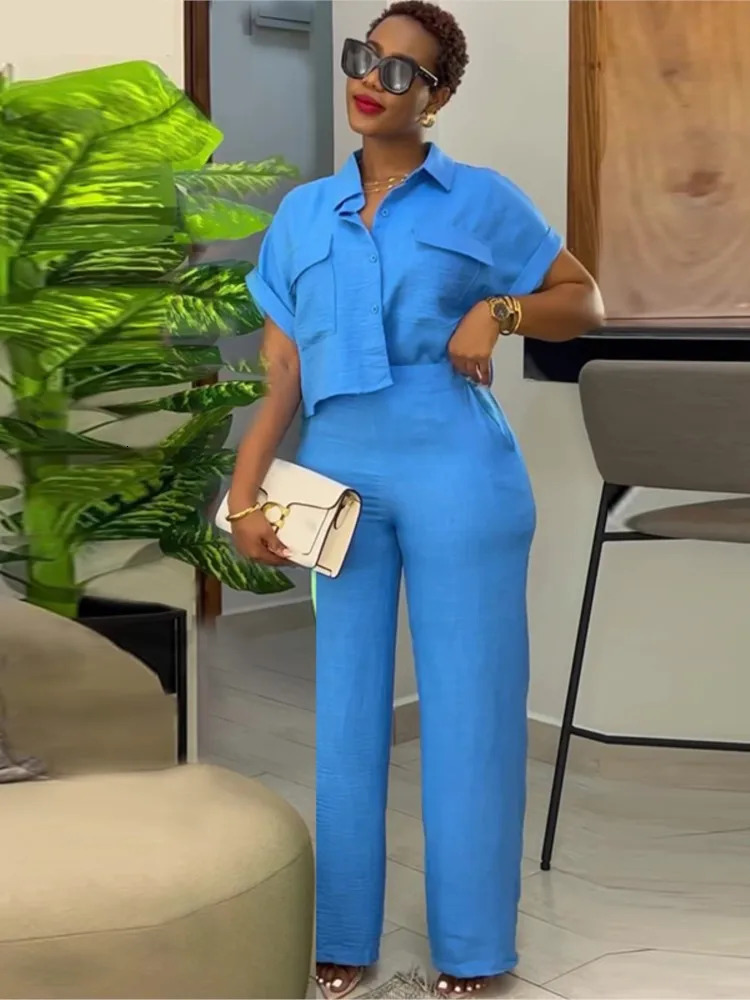 Womens Two-piece Set Spring Summer Style Lapel Short-sleeved Shirt High Waist Wide Leg Trousers Casual Suit Women Clothing 250605