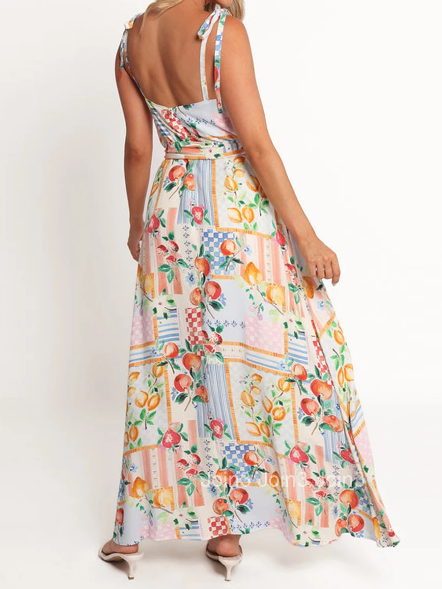Womens Floral Print Sleeveless Maxi Dress with V-neckline and Adjustable Spaghetti Straps for Summer Beach Wedding Party