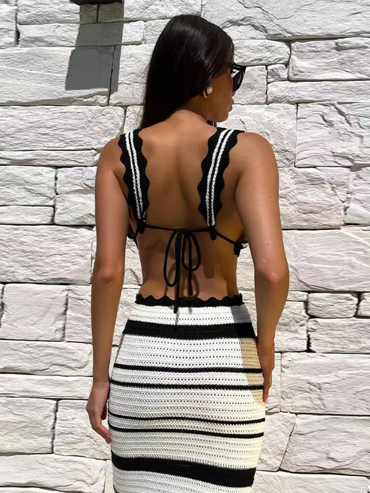 Chic Contrast Stripe Knitted Cropped Tops Set Women Fashion Backless Lace Up Bikini High Waist Skirt Suit Lady Holiday Beachwear