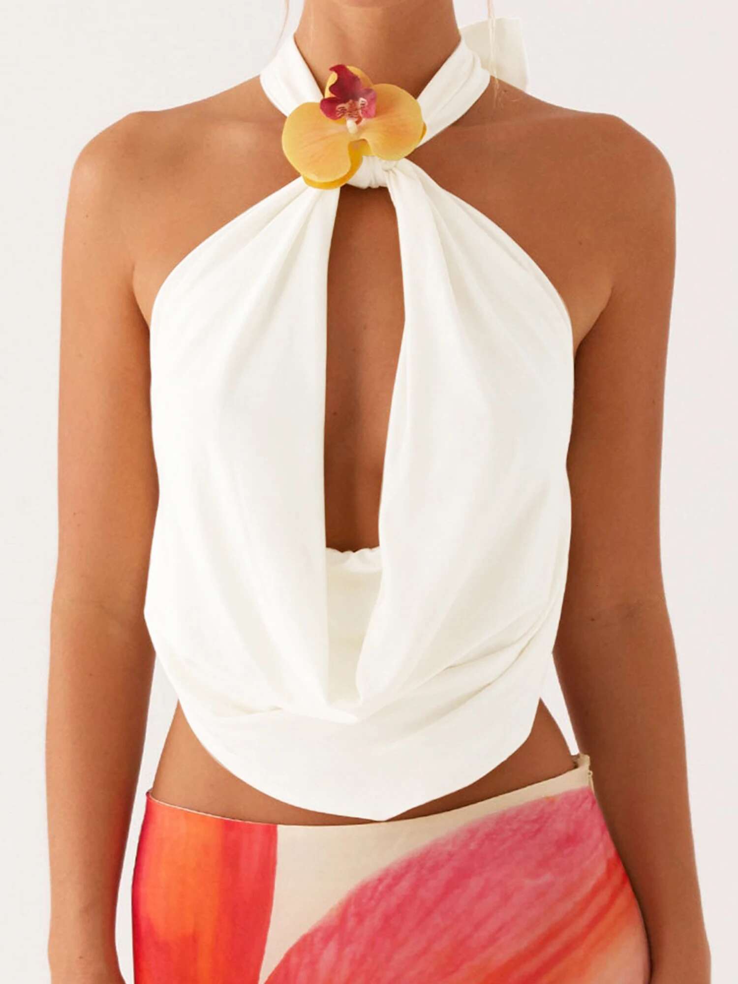 Womens Elegant Lace Halter Neck Sleeveless Blouse with 3d Floral Embroidery and Open Back Design for Summer Beach Party