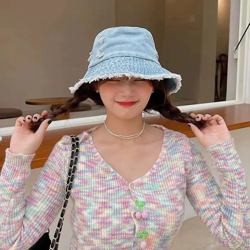 RICYGVM Japanese Retro Washed Denim Fisherman Hat for Women Sunshade Visors Fashion Wide Brim Bucket Cap Hip Hop Holes Basin Hat 250605
