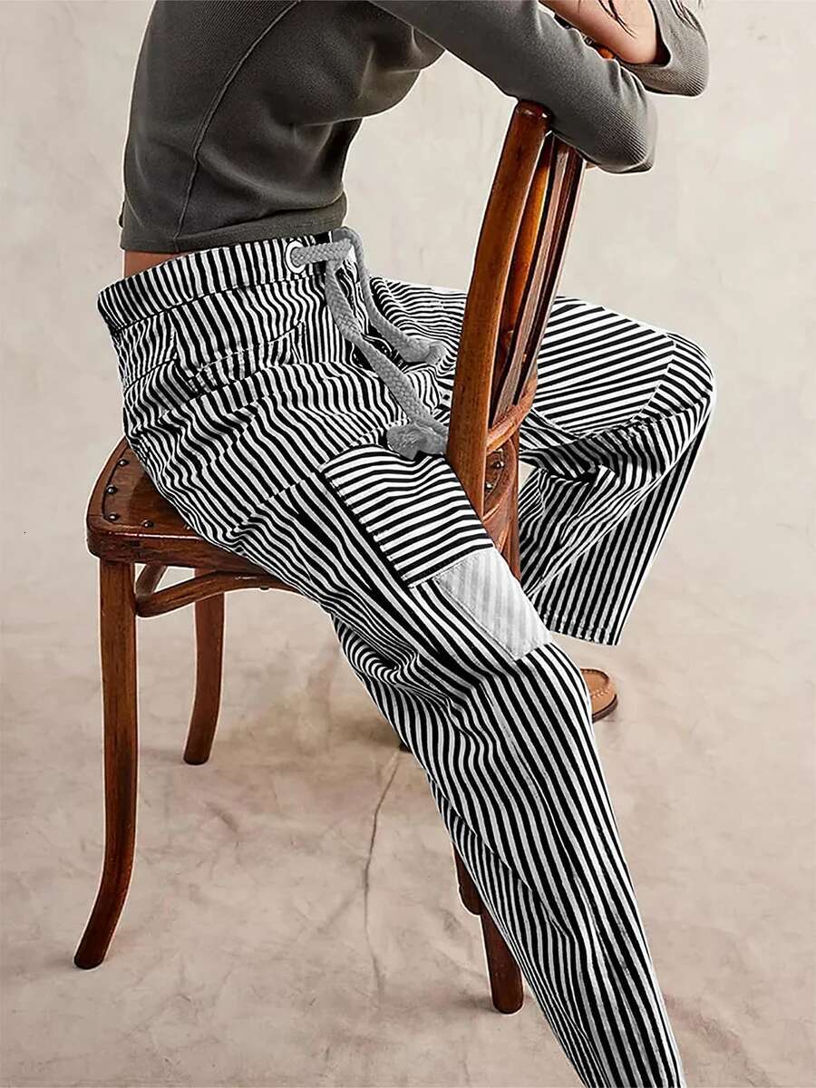 Women High Waisted Striped Palazzo Pants Casual Loose Fit Wide Leg Trousers with Drawstring Elastic Waist and Pockets