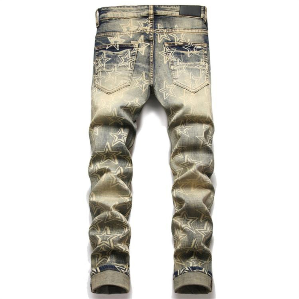new free shipping designer Jeans Embroidered men jeans with knee hole zipper small leg pants large denim pants Durable Stretchy