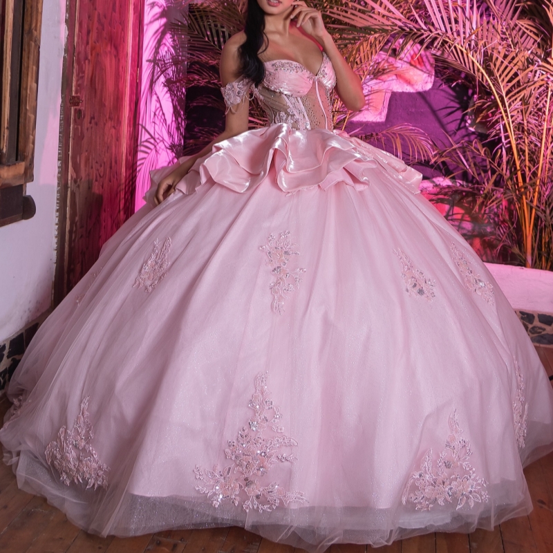 Pink Off The Shoulder Ball Gown Quinceanera Dresses Appliques Lace Beading Crystal Tull Corset Sweet 16 Dress vestidos 15 anos