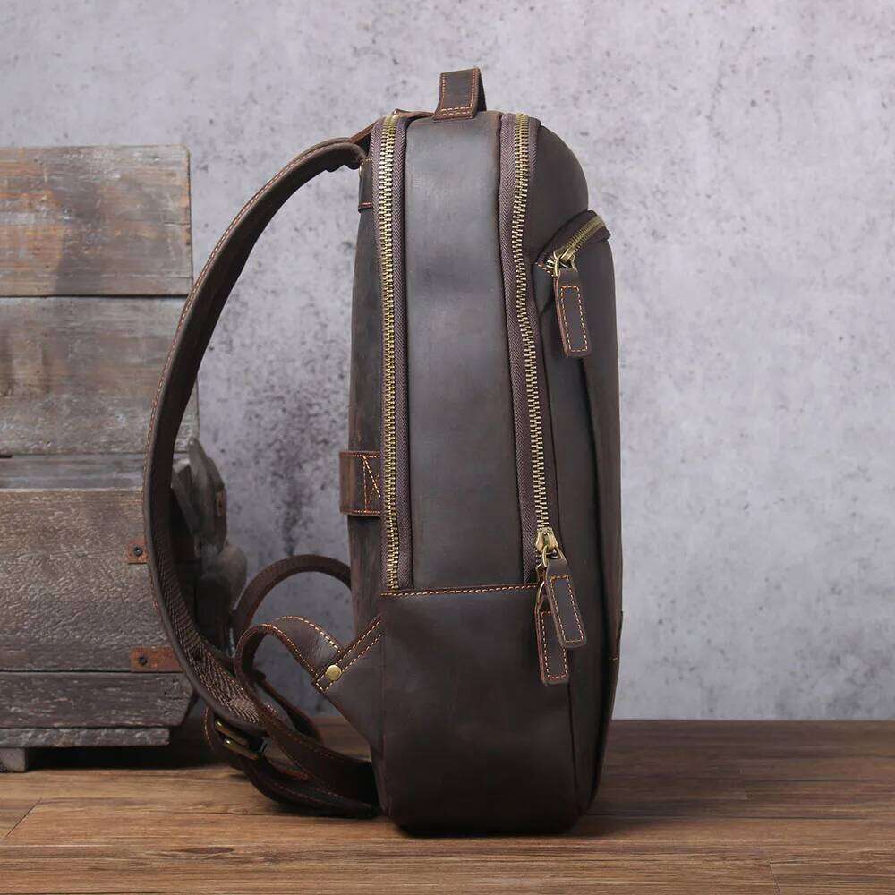 S.WORKER Vintage Men's Genuine Backpack 15.6' Laptop Bag Large Capacity Crazy Horse Leather Schoolbag Cowhide