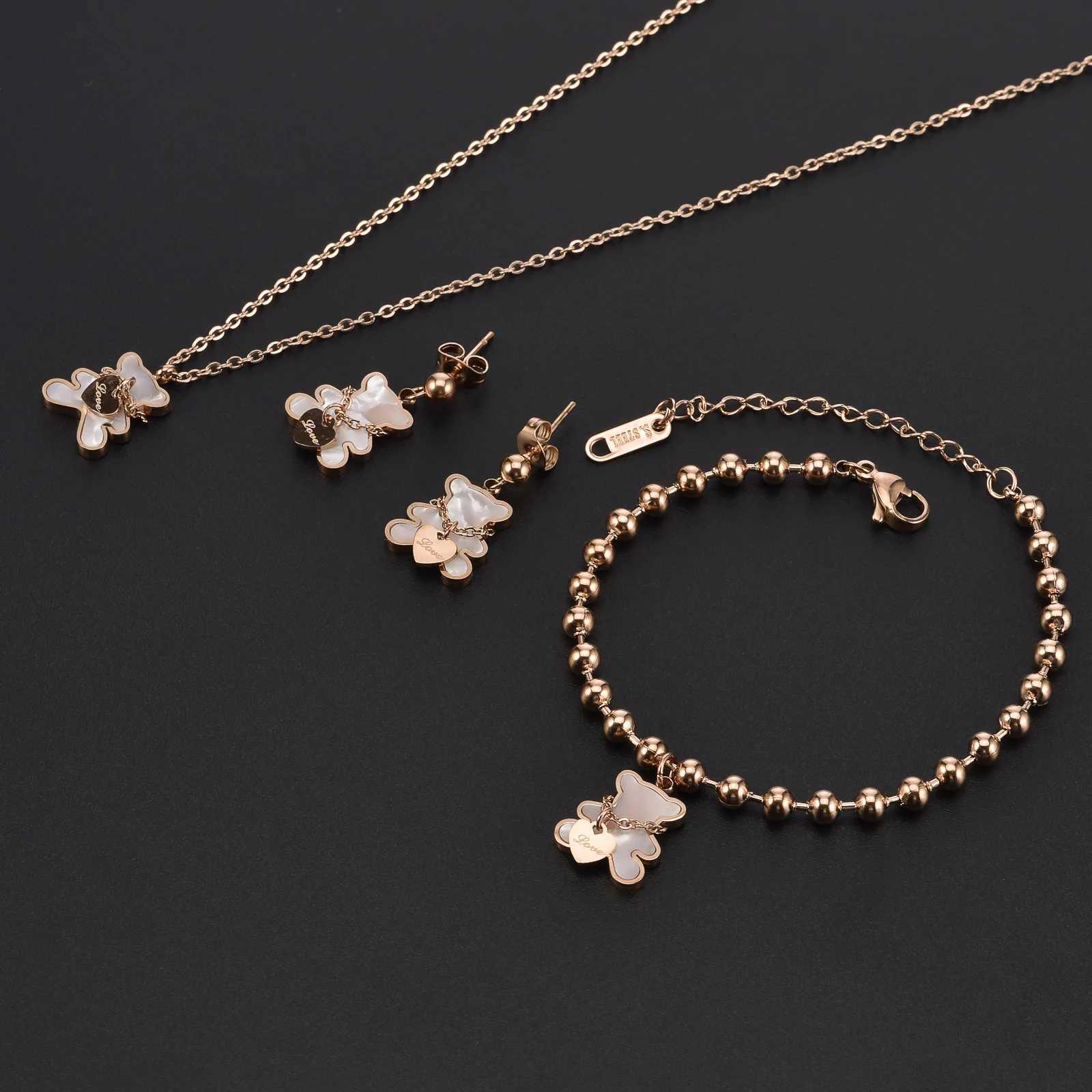 White Shell Cute Little Bear Peach Heart Stainless Steel Jewelry Set Necklace Earrings for women Z250607