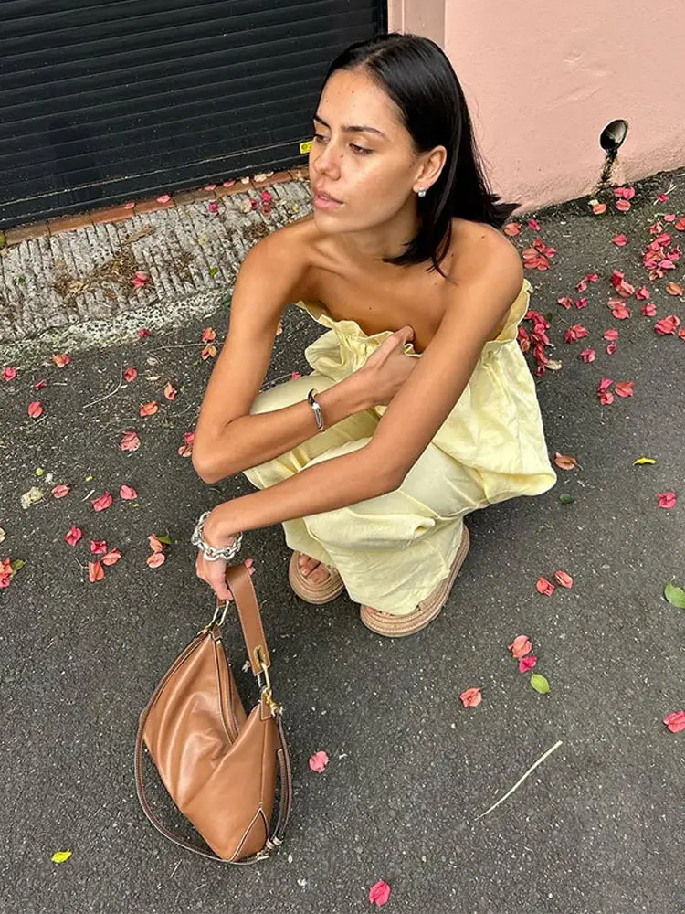 Sexy Womens Two Pieces Set Pleated Tube Top Trouser Suits Solid Sleeveless Straight Pants 2025 Summer Fashion Female Suit 250605