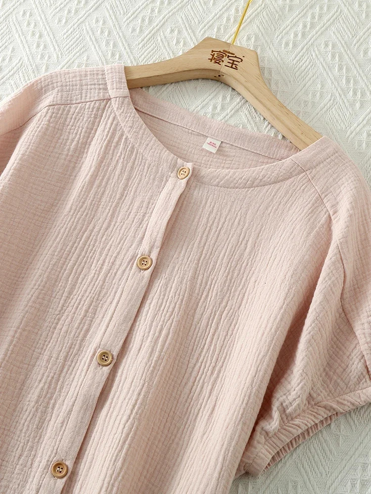 Muslin 100% Cotton Gauze 2 Piece Sets Womens Outfits Button Up Short Sleeve Tees Long Trouser Sets Comfortable Tracksuit 250605