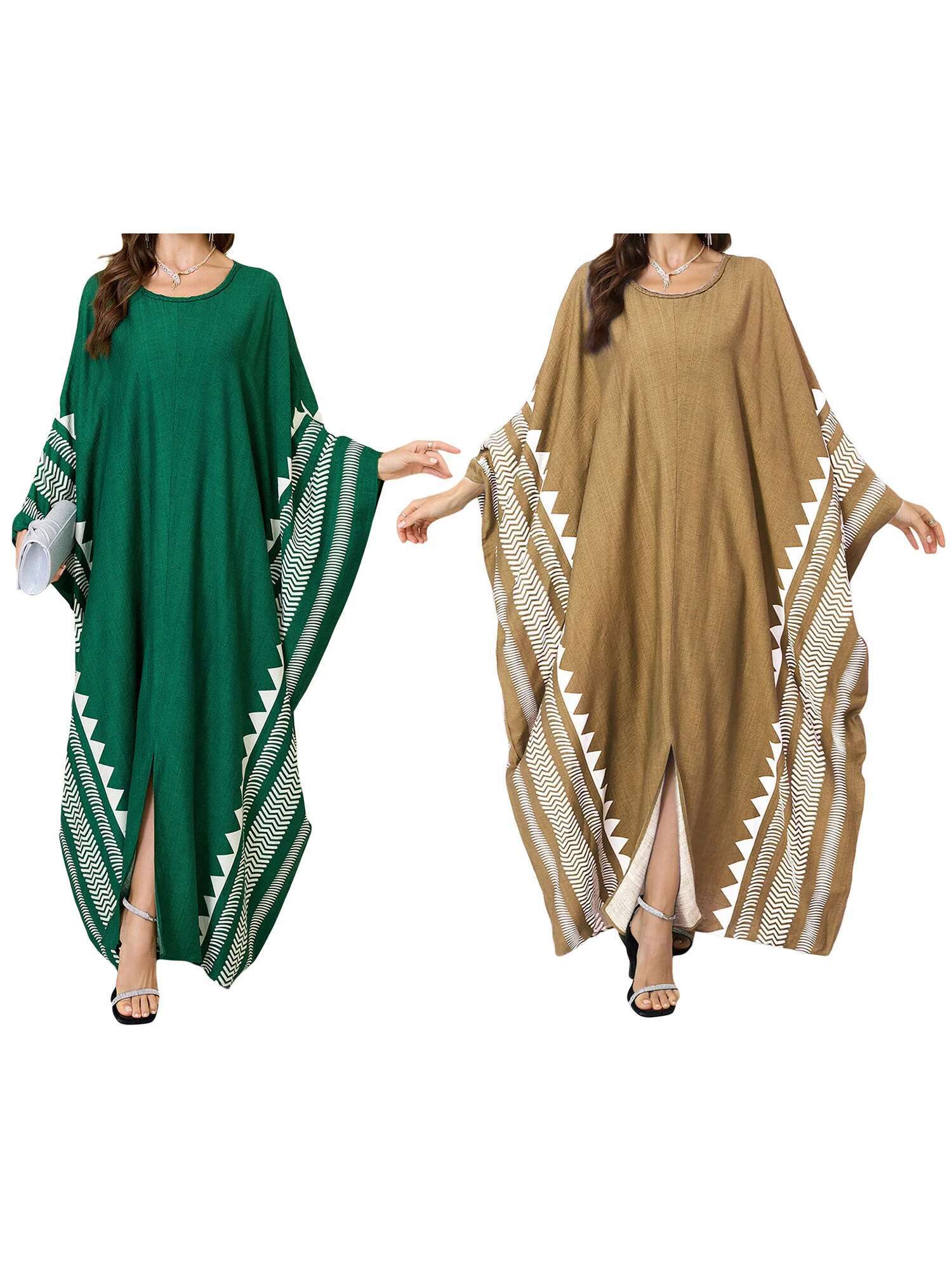 Elegant Maxi Dress with Batwing Sleeves and V-neckline Flowy Boho Chic Kaftan Robe for Women Perfect for Beach Cover Up or