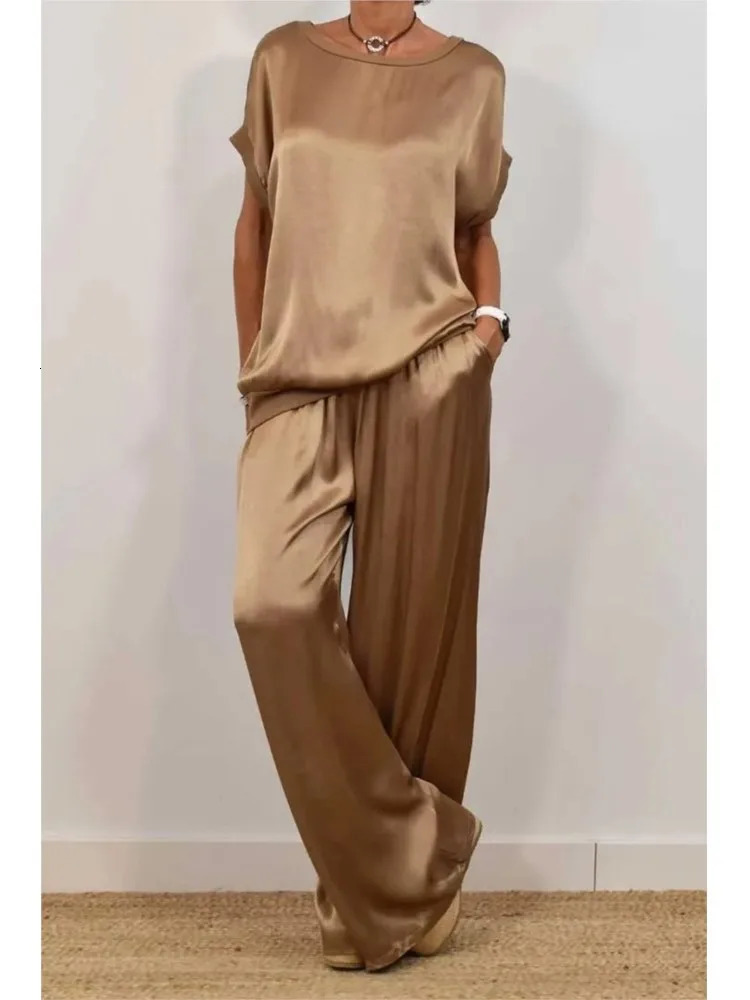 Spring Summer Fashion Solid Smooth Satin Two Piece Sets Womens O-neck Short Sleeve Top Wide Leg Pant Casual Loose Set 250605