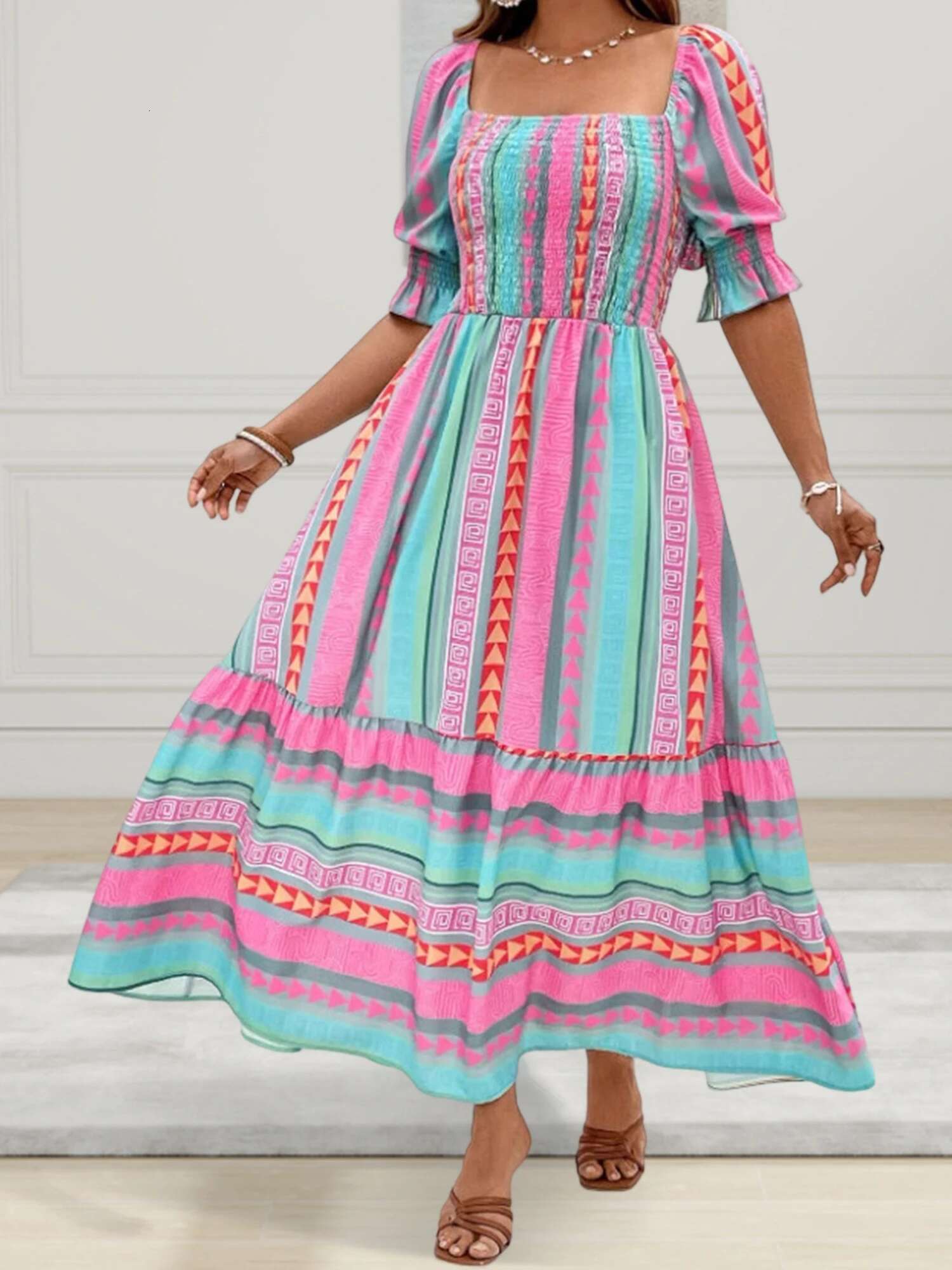 Women Plus Size Floral Print Maxi Dress Casual Summer Short Sleeve V-neck Boho Party Dress for Beachwear and Vacation