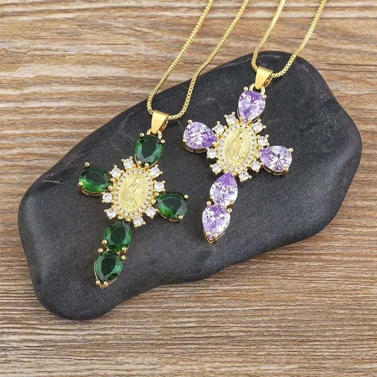 Luxury crystal stone religious cross pendant, Virgin Mary gold-plated necklace for women, 925 silver moissanite ladies' necklace