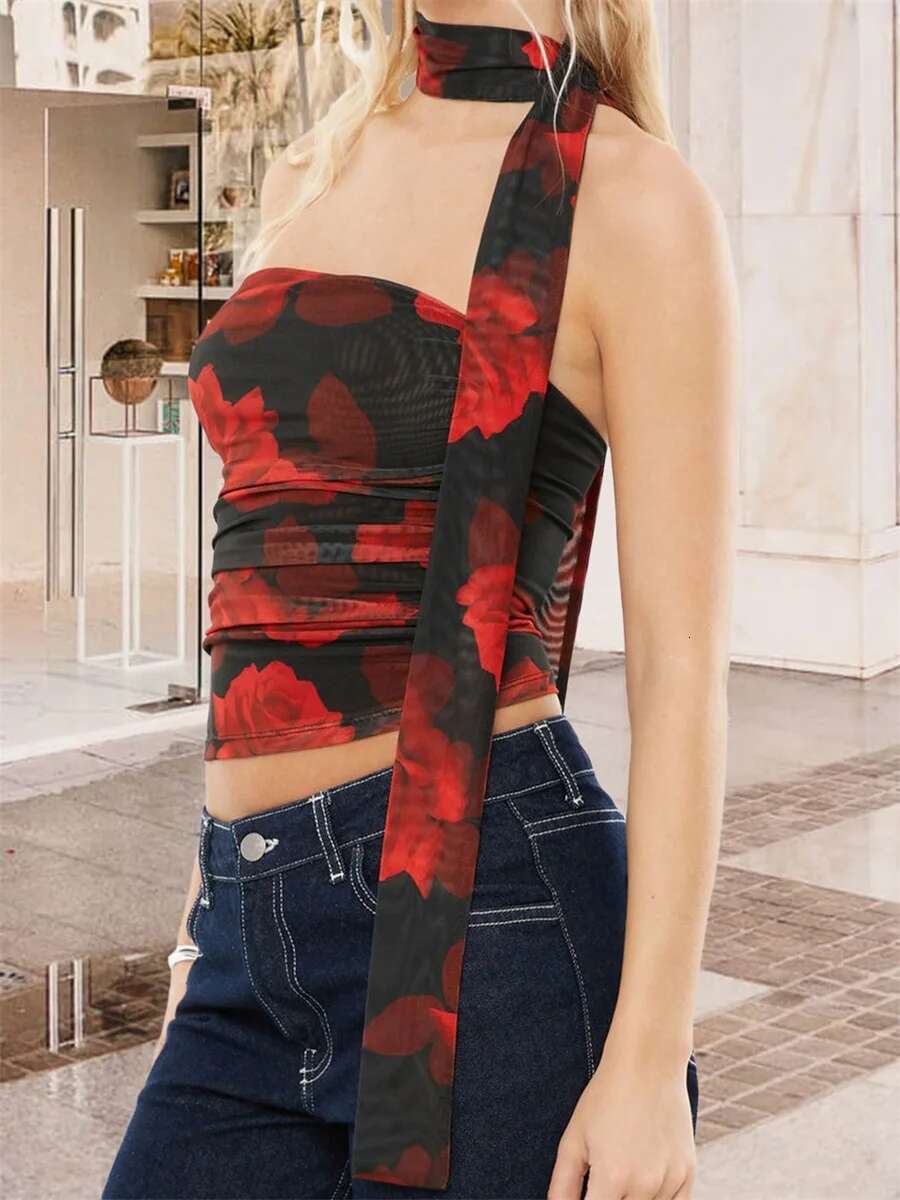 Womens Floral Print Tube Top with Matching Scarf Strapless Backless Crop Vest for Summer Fashionistas