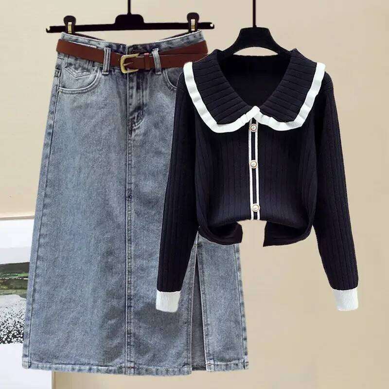Plus Size Women's Knit Sweater And Denim Skirt New 2024 Fashion Winter Suit Slimming Versatile 2-Piece Set For Ladies