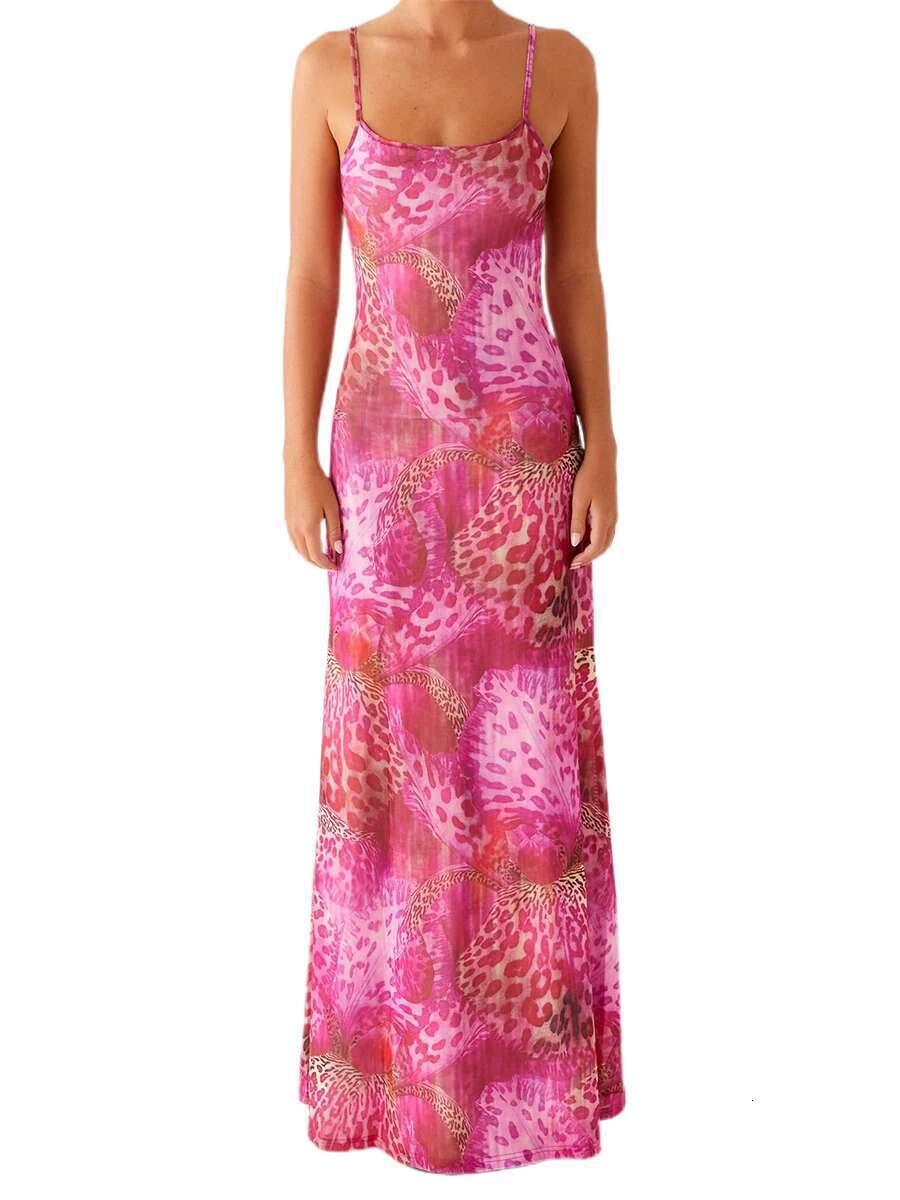 Womens Elegant Floral Print Sleeveless Maxi Dress with Fit Spaghetti Straps for Summer Beach Party Wear