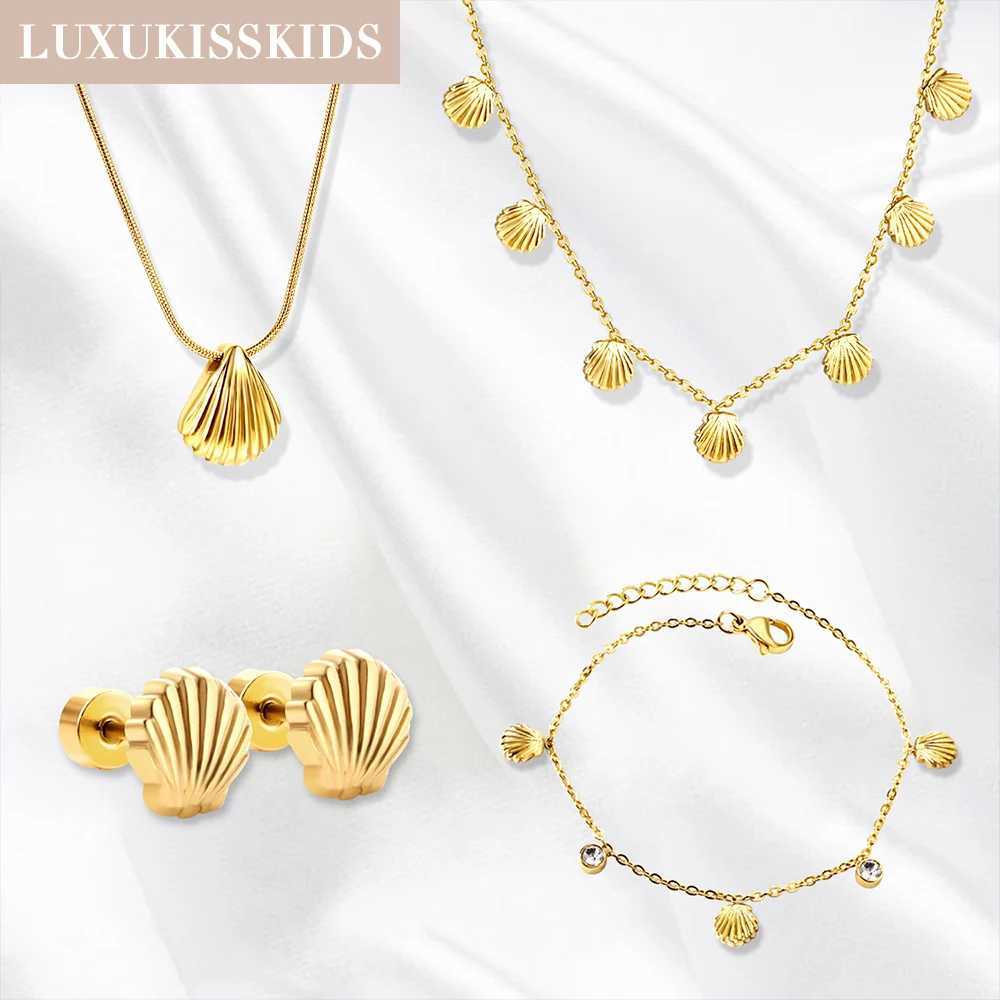 LUXUKISSKIDS Textured Shell Shape Earrings Necklace s Summer Stylish Stainless Steel Woman Jewelry Set 18K Gold Plated Z250607