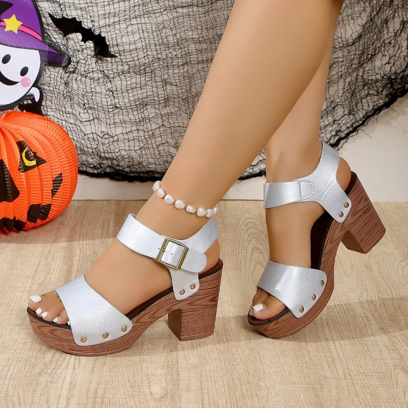 2024 Summer Women Sandals Square High Heel Platform Flock Casual Rivet Pumps Peep Female Elegant Ladies Shoes Zapatos Mujer 250604